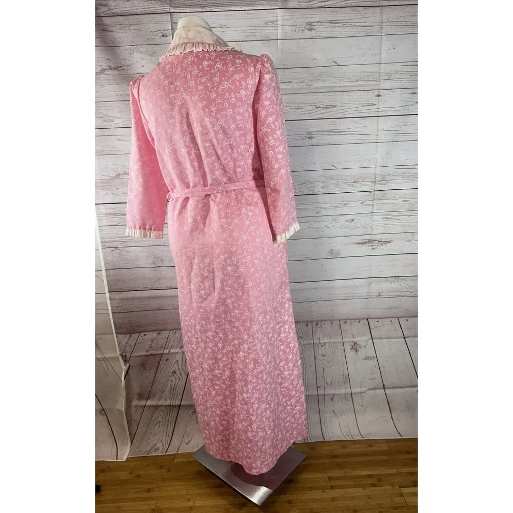 Vintage Leisure Life Long Pink white floral Robe Slash Pockets Dressing Gown USA - Picture 4 of 11